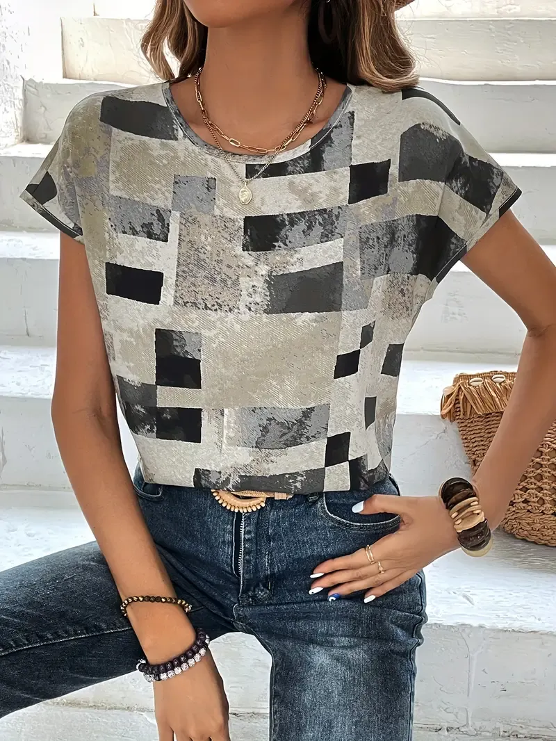 Graphic Print Crew Neck T-shirt, Short Sleeve Aztec Print Tops, Women's Clothing