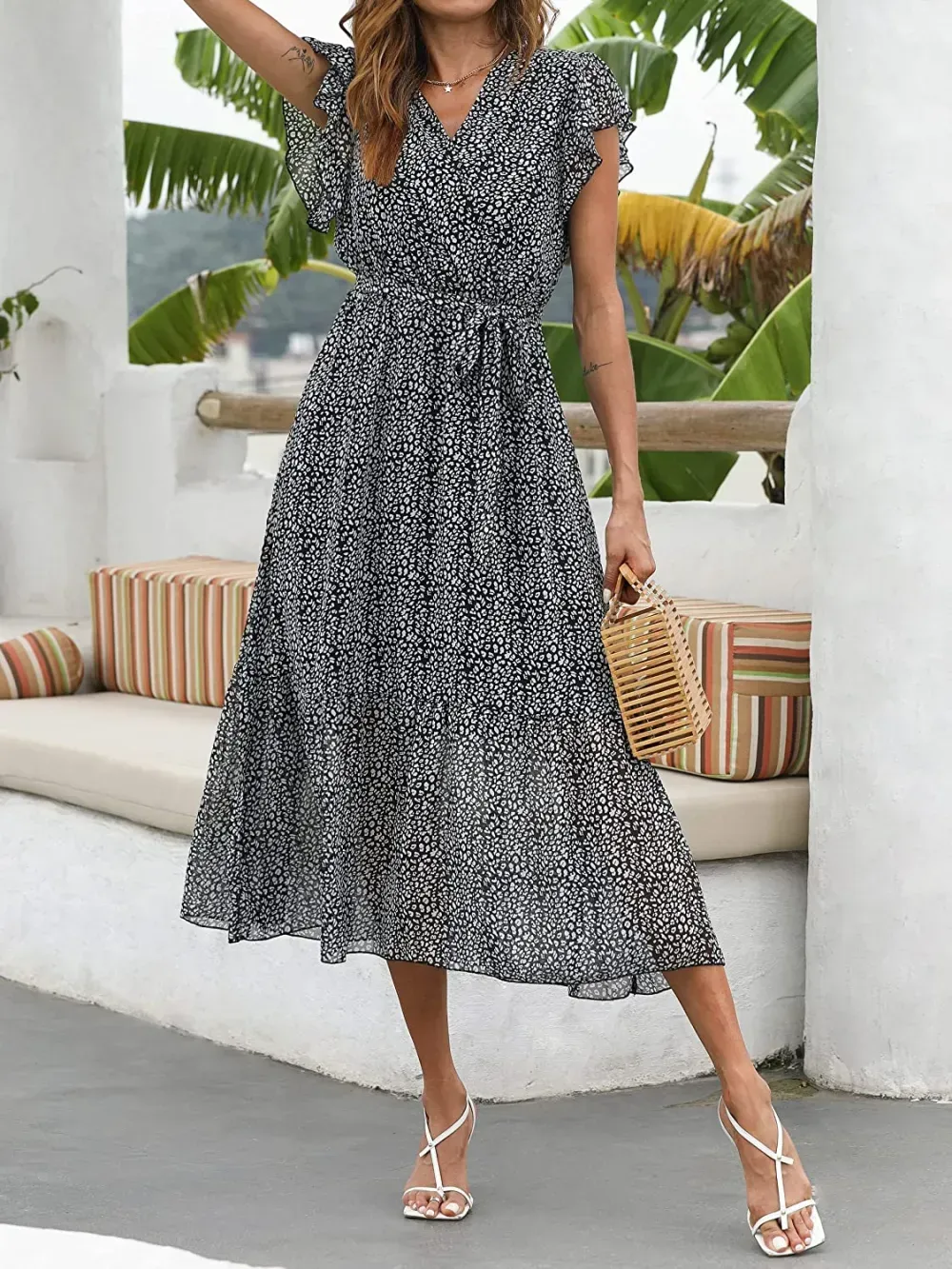 Women Summer Bohemian Floral Casual Wrap V Neck Ruffle Cap Sleeveless Belt A-Line Pleated Hem Swing Midi Sun Dress