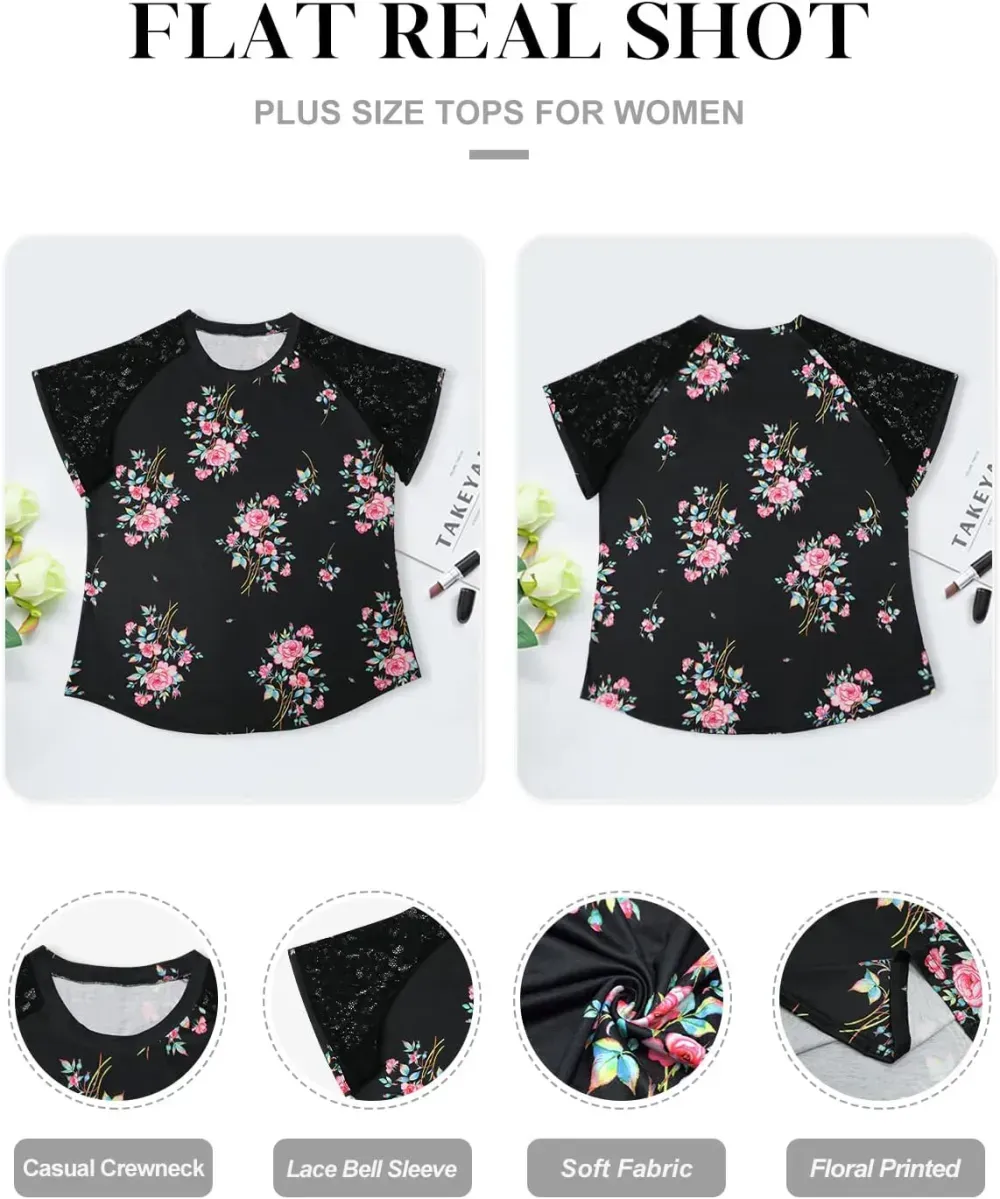 HDLTE Womens Plus Size Tops Floral Bell Sleeves Blouses Summer Crewneck Tunic Loose Casual T Shirts