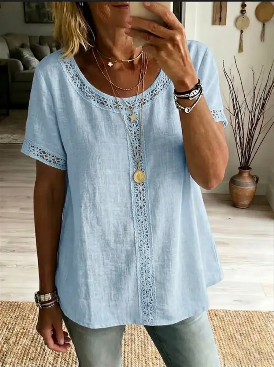 Women's Nashville Country Style Lace Trimmed Printed Top