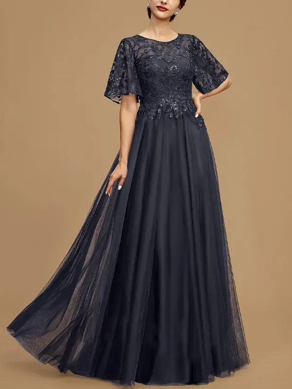 Round Neck Lace Short Sleeve Solid Color Mesh Maxi Dress
