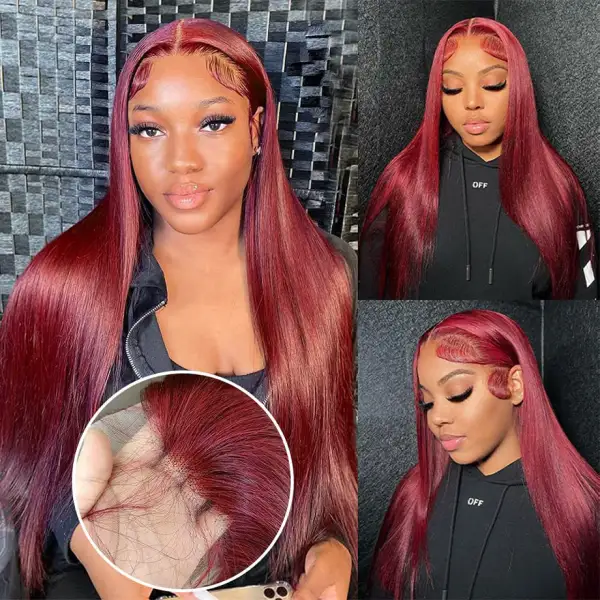Affordable #99J Straight Hair Wig Sterly Burgundy 13x6 Lace Front Human Hair Wigs