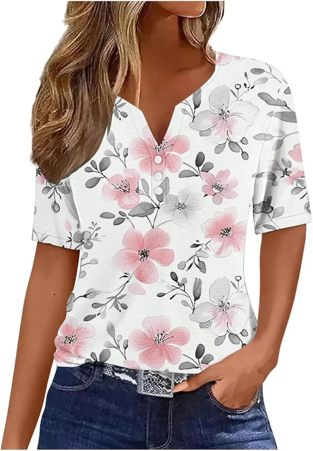Shirts for Women Casual Printed Summer Tops Short-Sleeved Button V-Neck Tops Blouse Fashion Boho T-Shirts