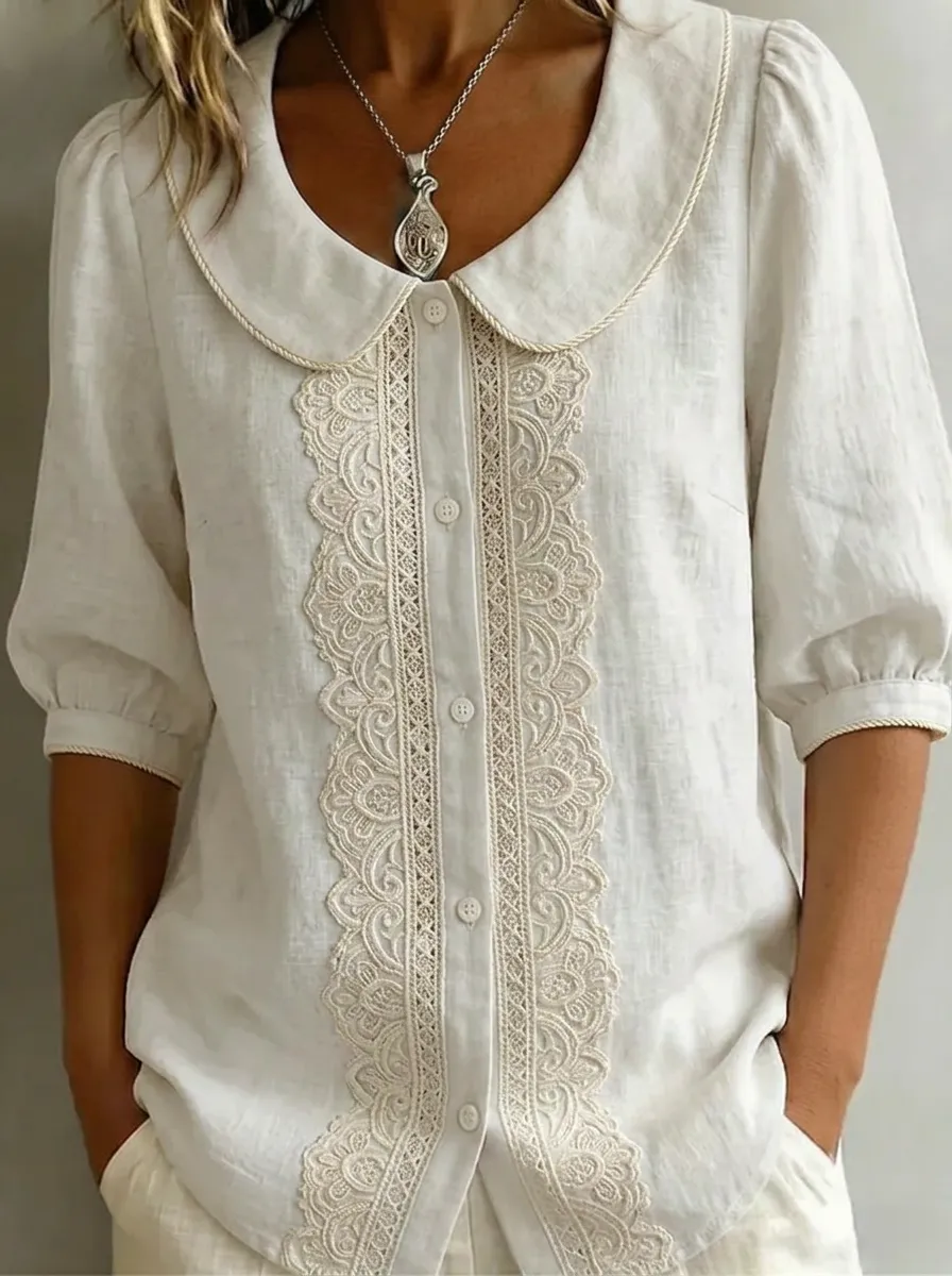 Women's Nashville Souvenir Lace Trimmed Button Down Linen Shirt