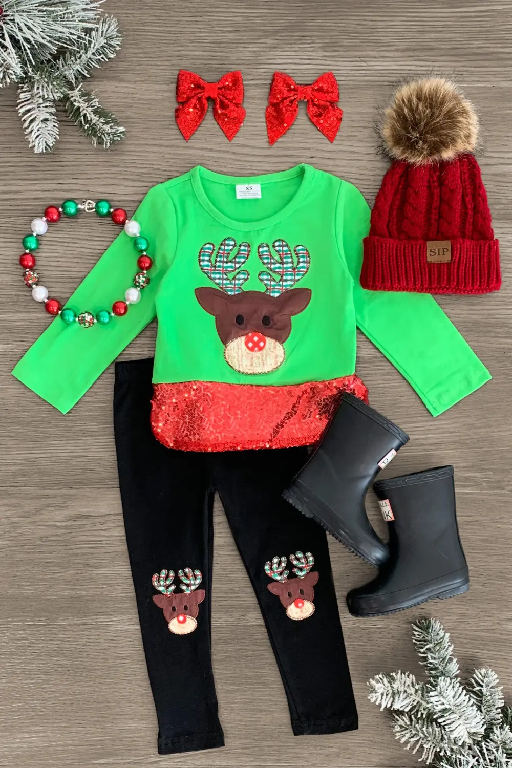 Green Reindeer Sequin Legging Set