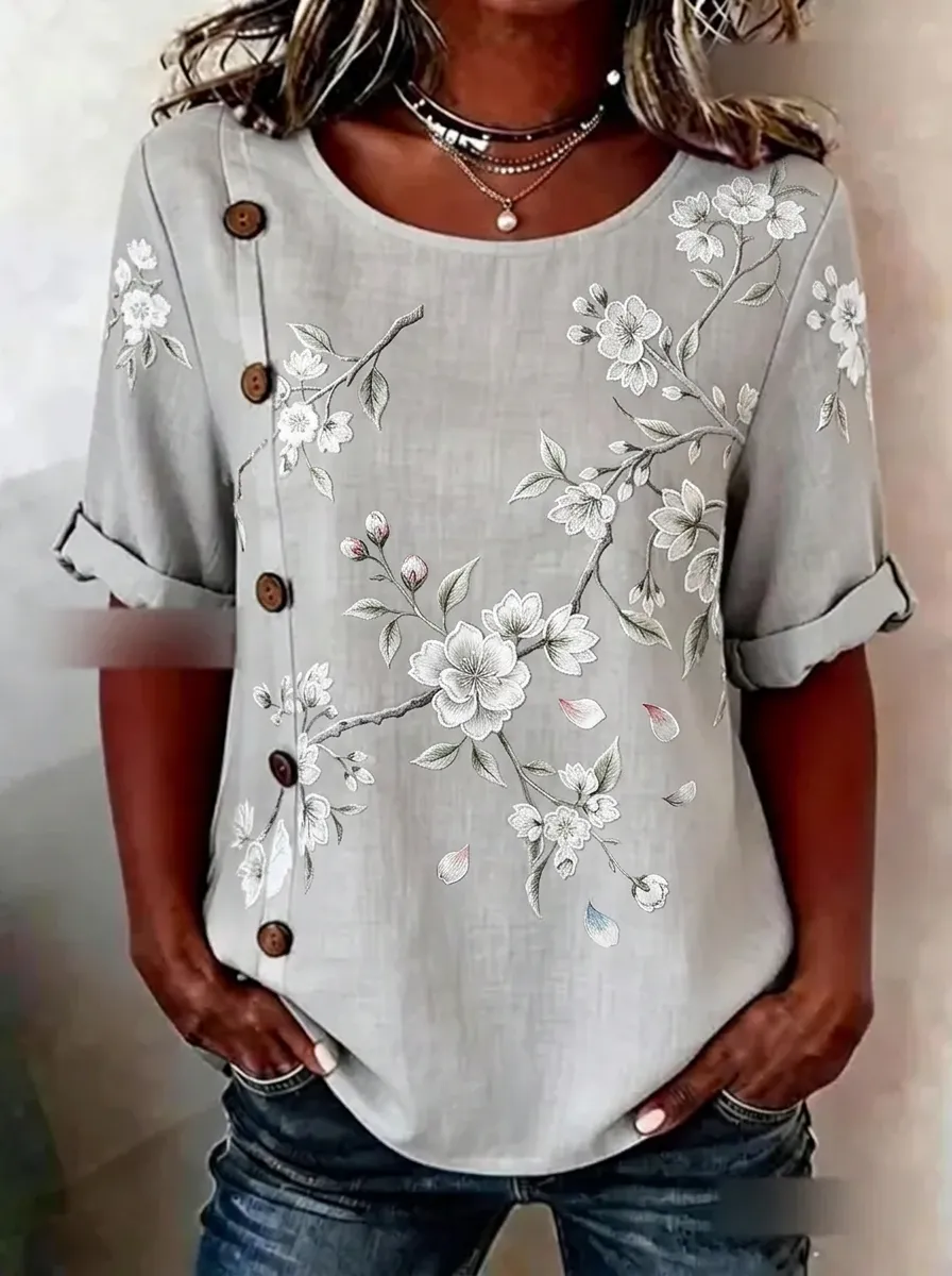 Women's Nashville Floral Branch Button-Side Printed Top