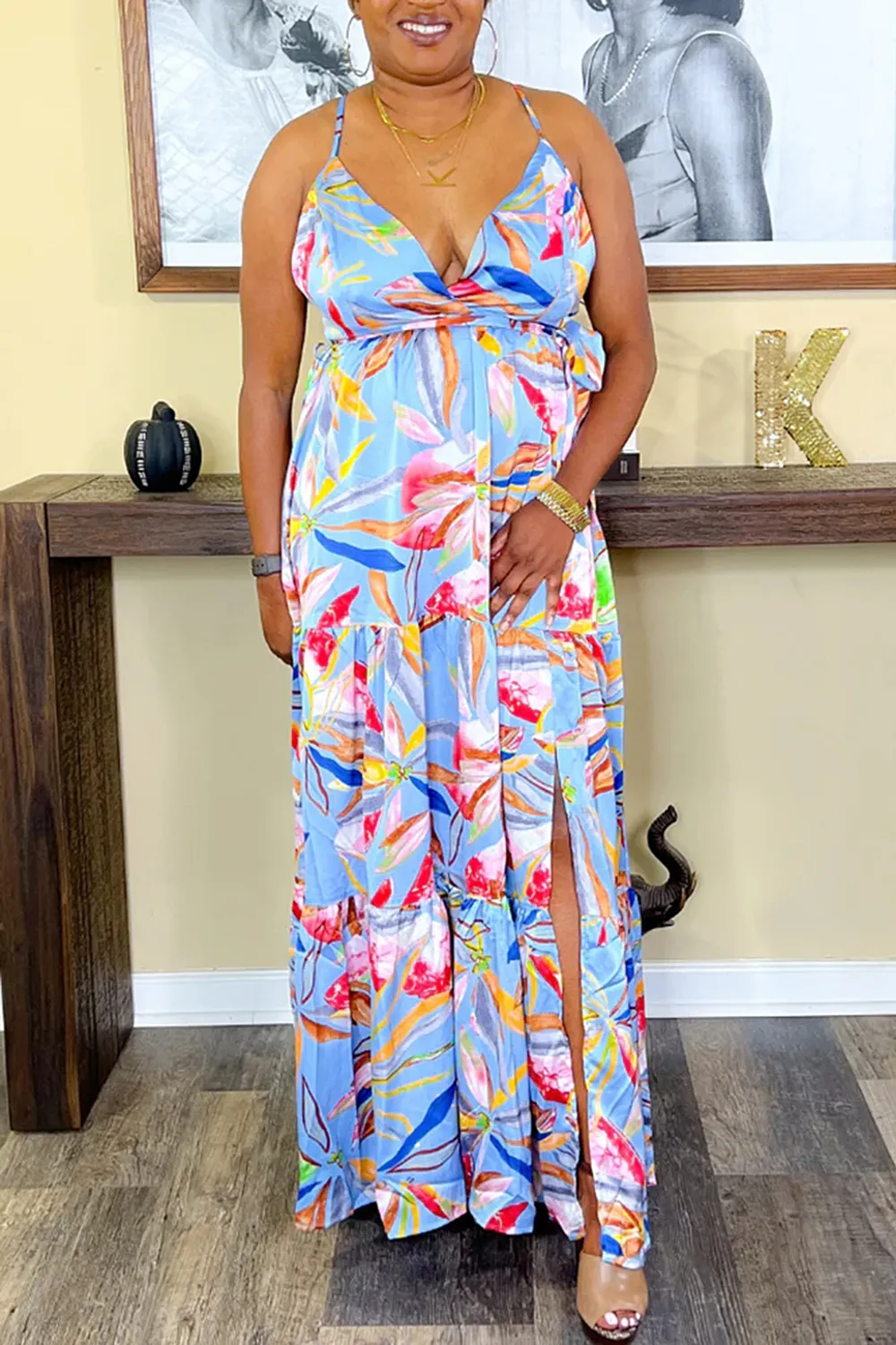 Printed Cross Strap Maxi Dress