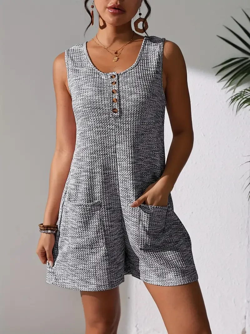 New Summer Casual Women'S Jumpsuit with Vibrant Waffle Texture, Stylish Sleeveless Tank Top, Pockets, And Buttoned Shorts.