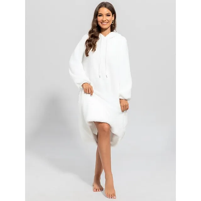 Women's Hoodie Dress Casual Dress Midi Dress Teddy Fleece Warm Home Daily Weekend Hoodie Pocket Drawstring Pure Color 2023 Regular Fit White Lavender Khaki S M L XL 2XL