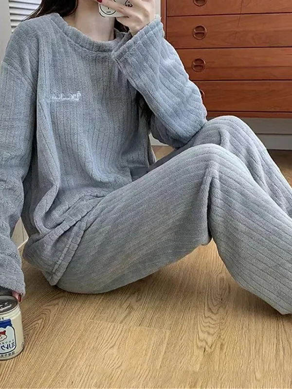 Women's Fleece Pajamas Sets Fluffy Fuzzy Letter Plush Casual Comfort Home Bed Coral Fleece Coral Velvet Warm Breathable Crew Neck Long Sleeve Pullover Pant Embroidery Fall Winter Light Pink Pink