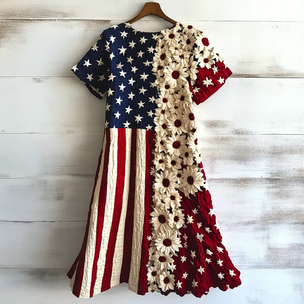 Women's Independence Day Flag Floral Art Short Sleeve Dress