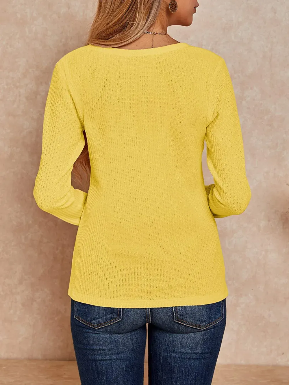 Women's V Neck Waffle Knit Henley Tops Casual Long Sleeve Pullover Sweater Blouses