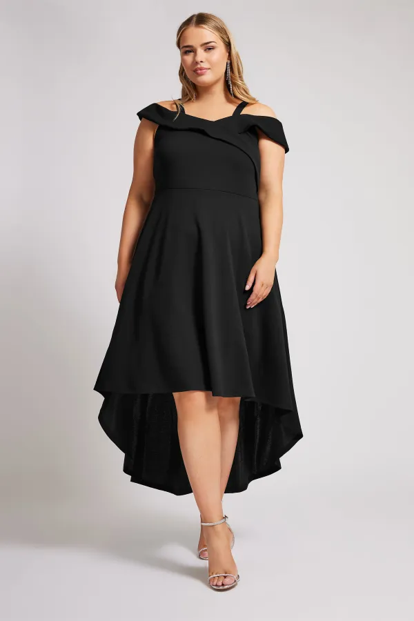 YOURS LONDON Curve Black Bardot Dipped Hem Dress