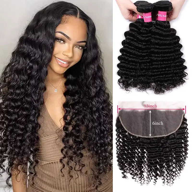 Sterly Deep Wave Bundles With 13X6 Lace Frontal Human Hair Bundles With Frontal