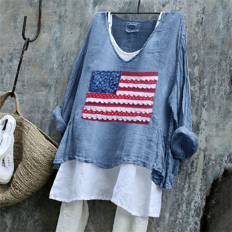 American Flag Fiber Art Patch Linen Tunic