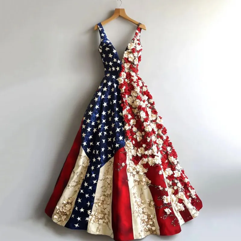 Women's Independence Day Flag And Floral Sleeveless Dress