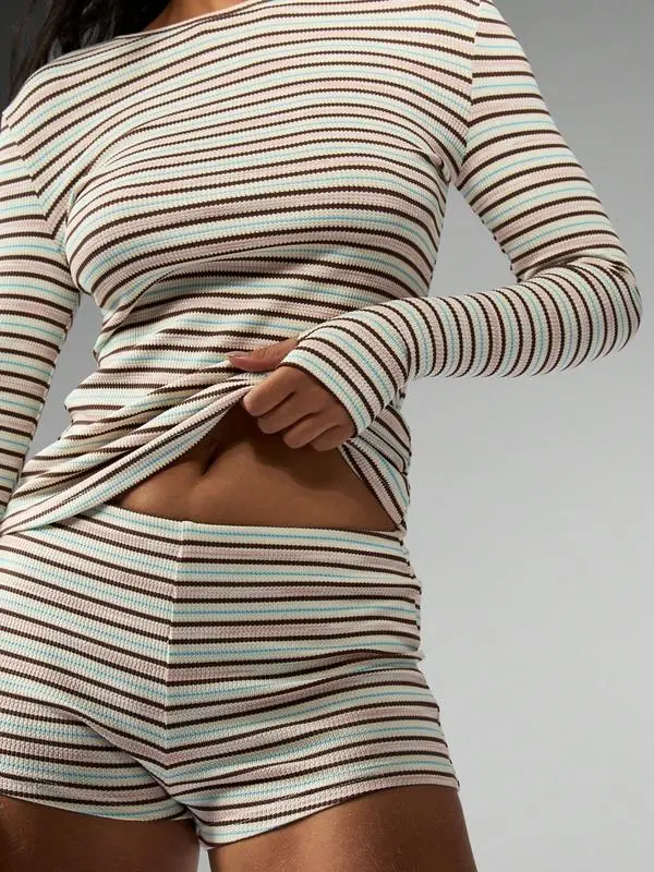 Women's Striped Knit Long Sleeve Top & High Waist Sporty Shorts Set