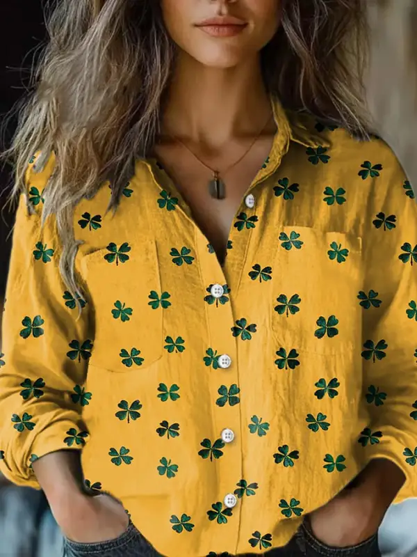 Women's St. Patrick's Day Printed Casual V-Neck Shirt (Includes Double Pockets)