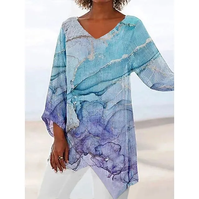 Women's Plus Size Shirt Blouse Tunic White Red Blue Graphic Floral Asymmetric Print Long Sleeve Streetwear Casual V Neck Regular Fit Floral Spring Fall