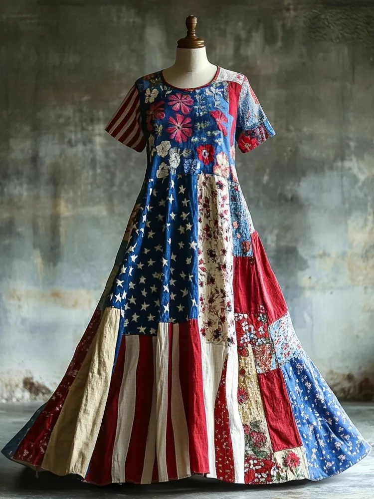 Vintage Flag Inspired Floral Patchwork Linen Maxi Dress