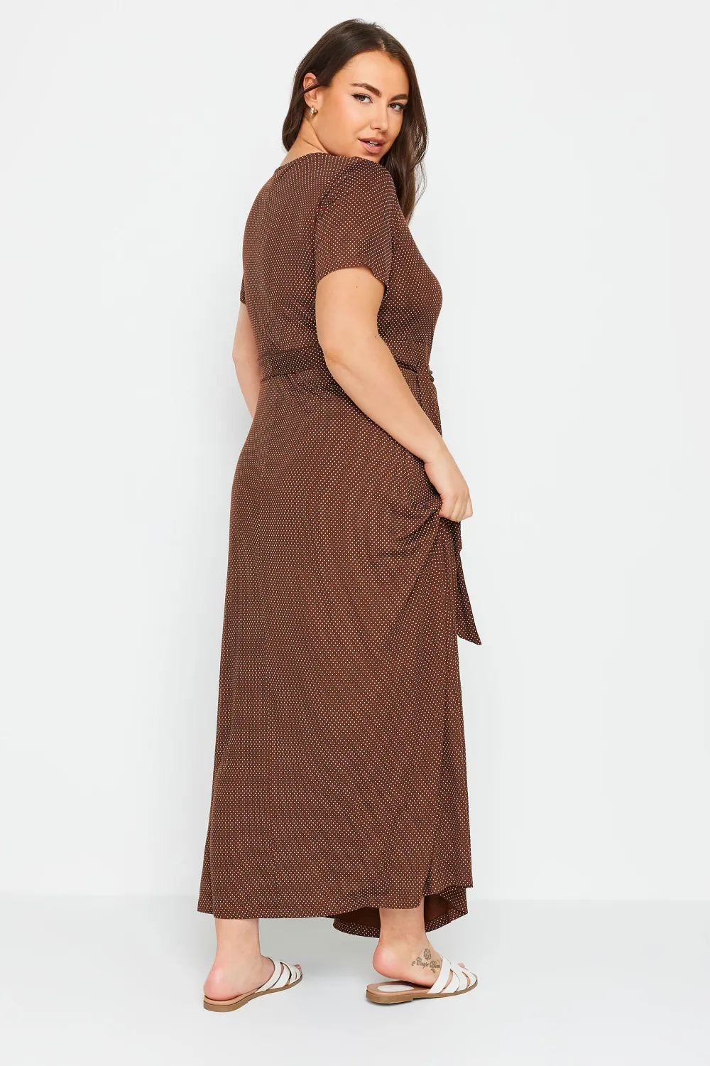 YOURS Curve Brown Dot Print Maxi Wrap Dress
