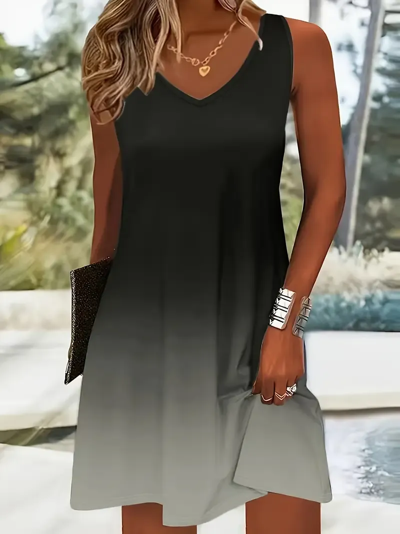 Holiday Cheer, Elegant Gradient Sleeveless Midi Dress for Women - Casual V-Neck, Polyester and Spandex Blend, Perfect for All Seasons, Machine Washable