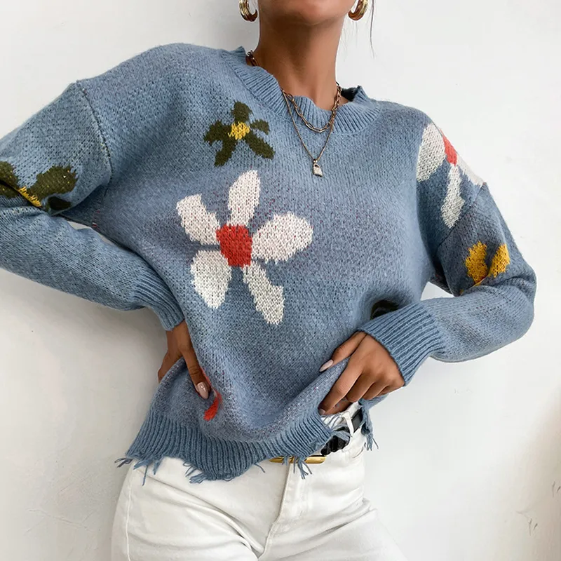 Crew Neck Knit Pullover Shabby Vintage Jacquard Sweater