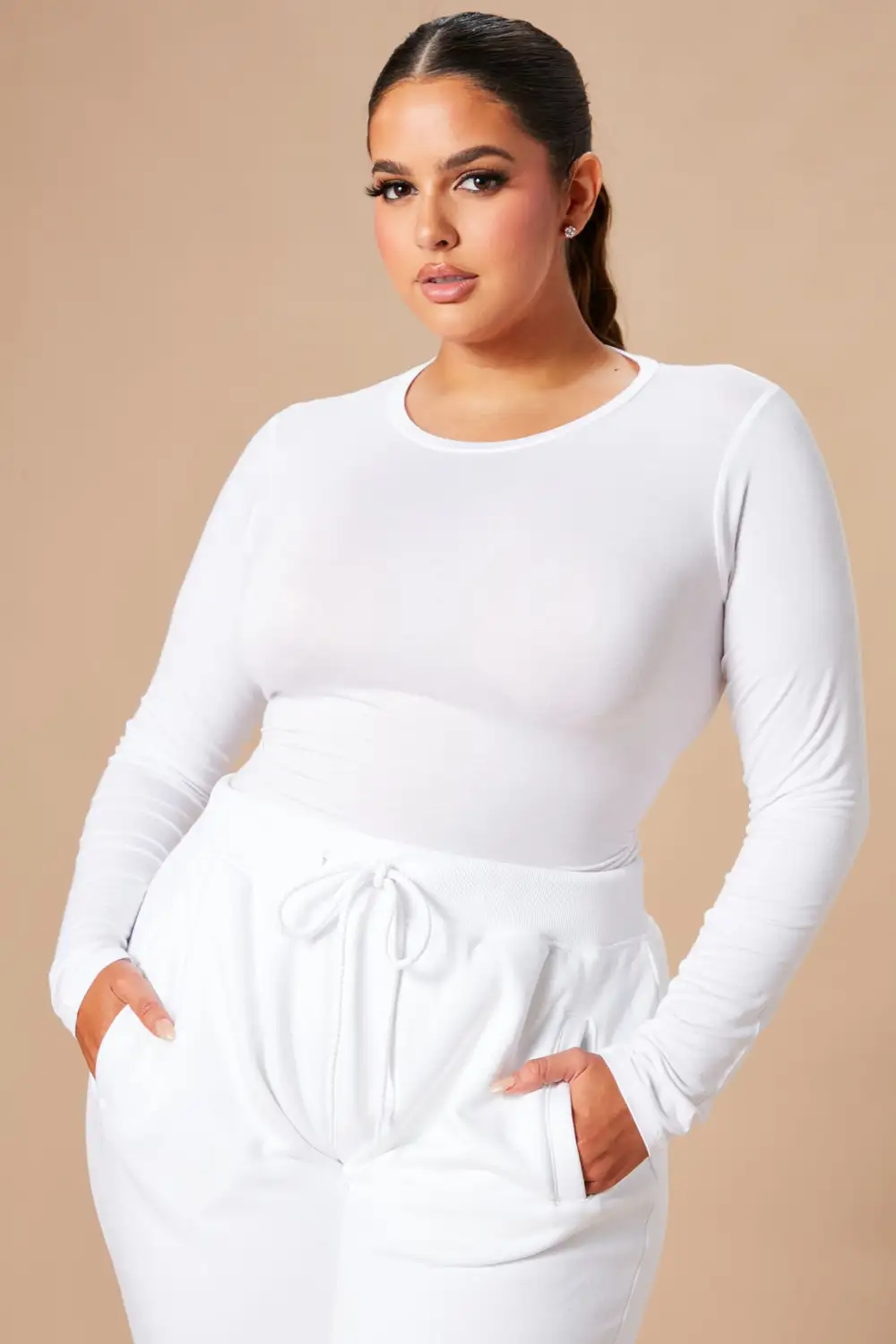 Krystal Crew Neck Long Sleeve Bodysuit - White