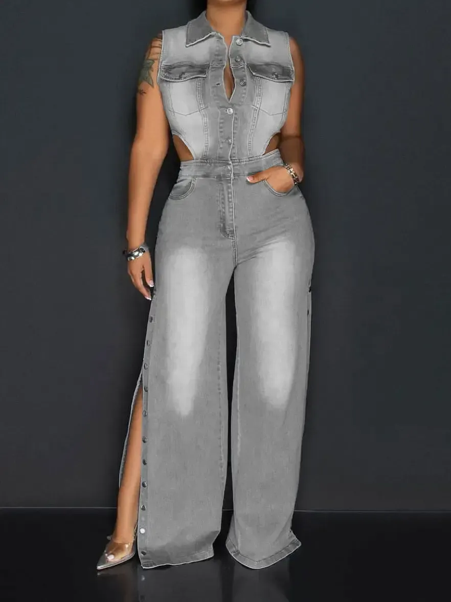 Women's Lapel Hollow Slit Denim Jumpsuit