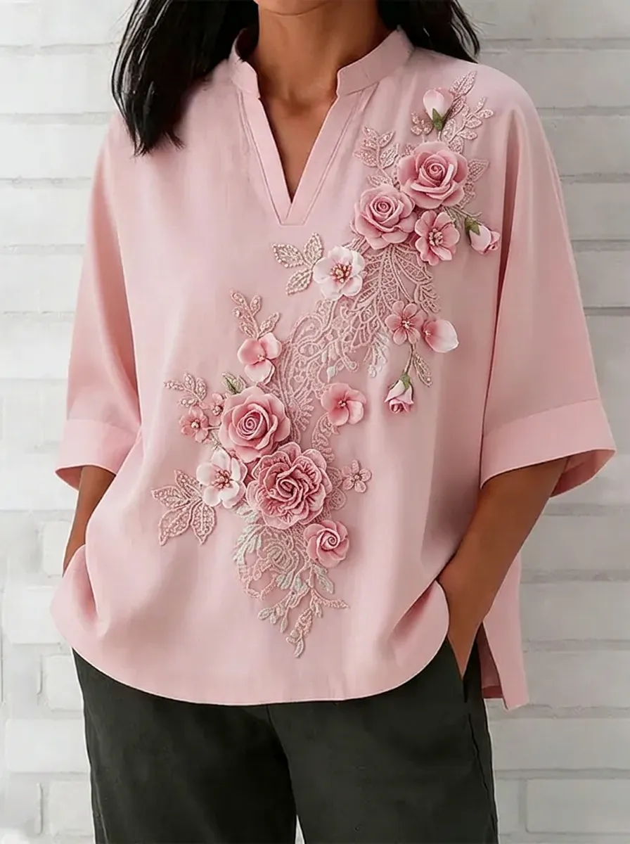 Women's Nashville Floral 3D Rose Lace Applique Printed Top