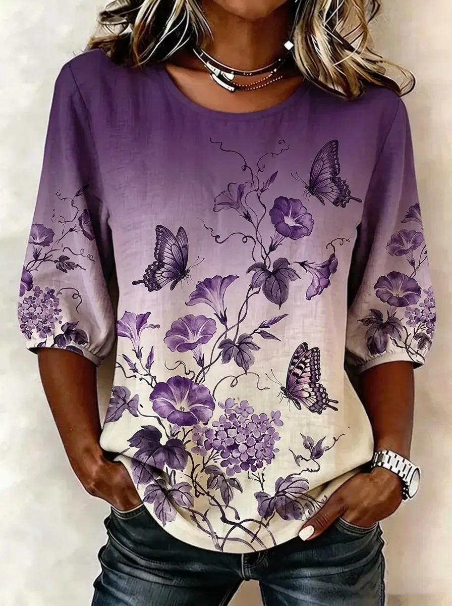 Women's Nashville Butterfly Floral Printed 3/4 Sleeve Top
