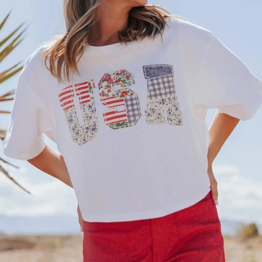 Women's Vintage The Floral Usa Patchwork Independence Day T-shirt