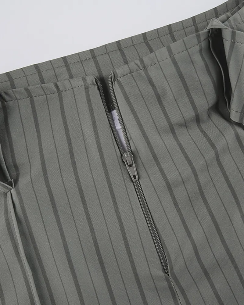 Striped Seam Front Buckle Belted Zip Up Flare Pants