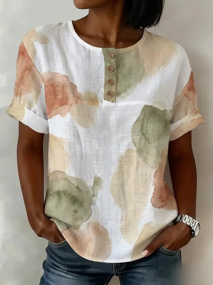 Women's Nashville Travel Watercolor Abstract Printed Button-Up Top