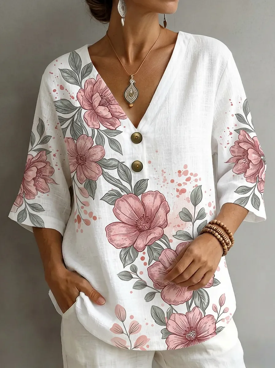 Women's Nashville Floral Botanical Printed V-neck Top