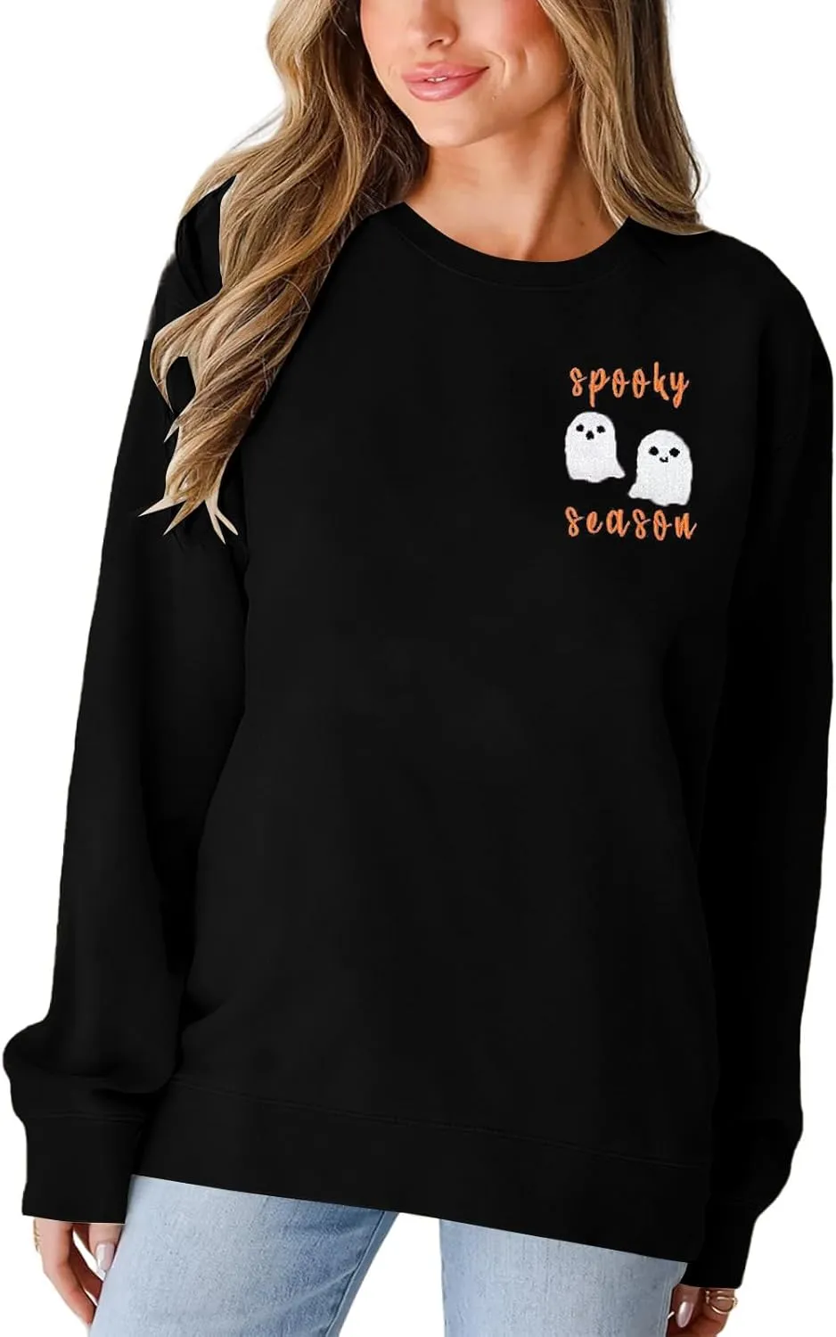 LOTUCY Halloween Sweatshirt Women Cute Spooky Season Sweatshirts Ghost Fall Embroidered Sweater Pullover Top