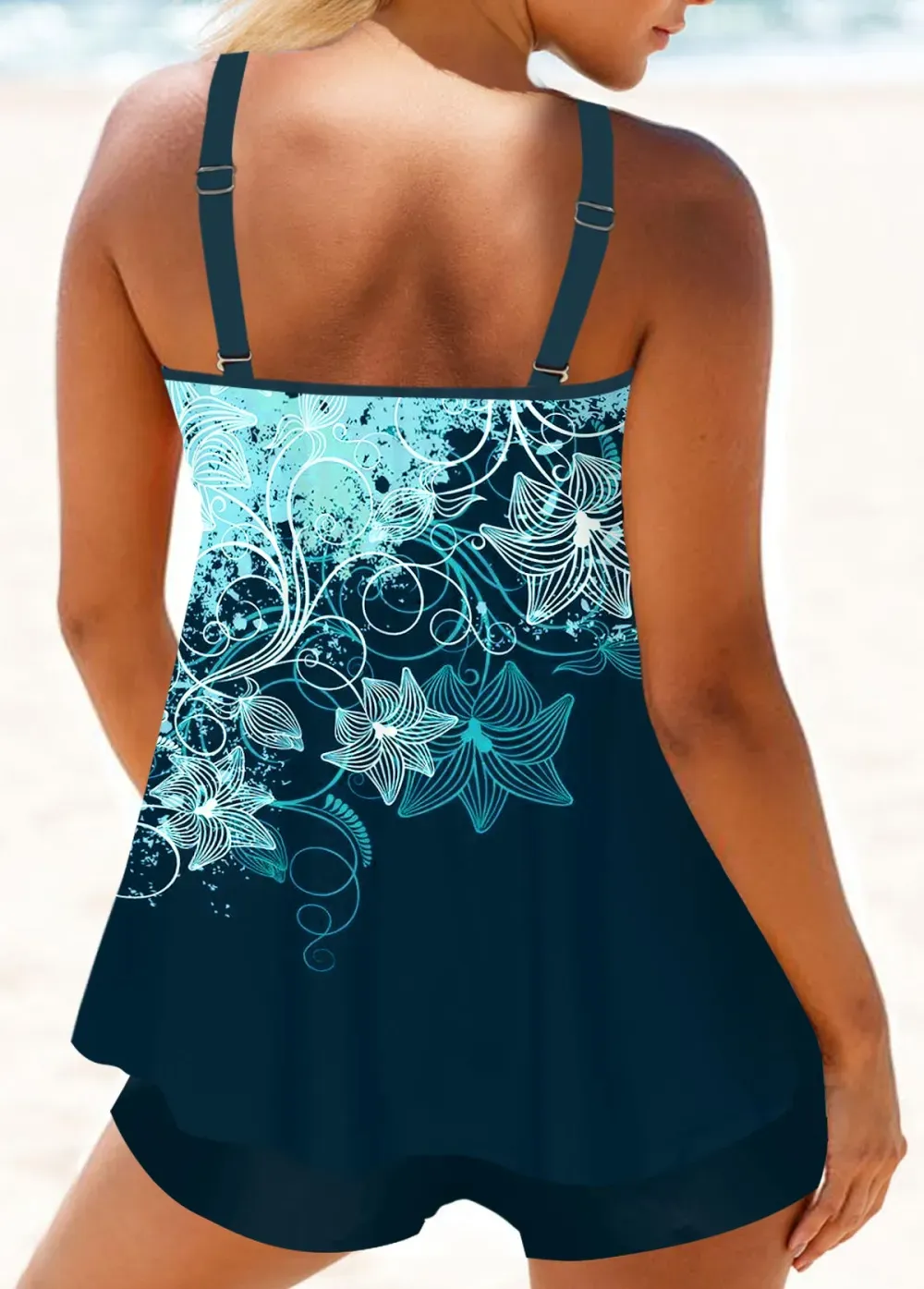 Metal Ring Leaf Print Coral Red Tankini Top