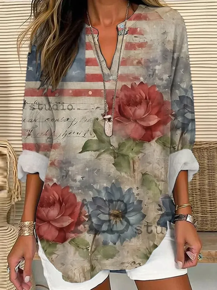 Women's Independence Day Retro Art Floral Casual Print Casual  Shirt