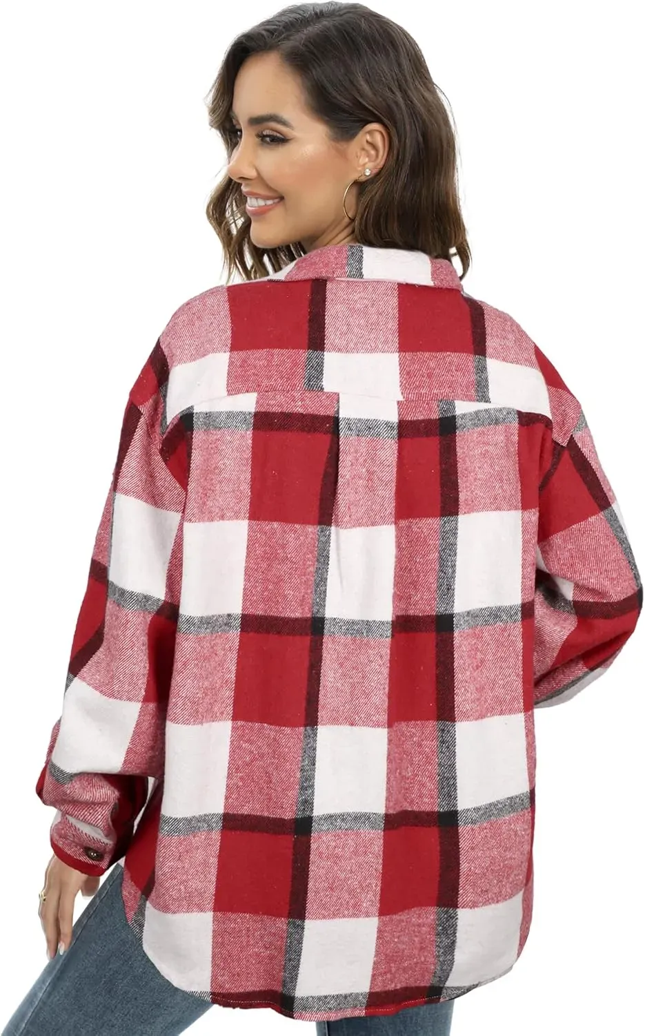 Women's Casual Plaid Flannel Shacket Jacket Oversized Button Down Long Sleeve Fall Shirts Jacket Lapel Coats Tops