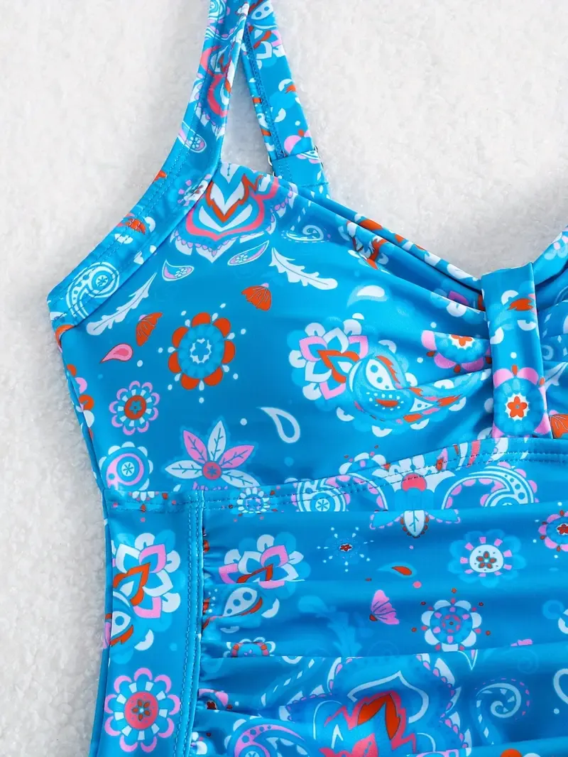 Sexy Paisley One-Piece Swimsuit for Women, High Stretch Knit Fabric with Removable Padding, V-Neck Ruched Bodice, Blue Floral Pattern, Polyester/Elastane Blend, Beachwear