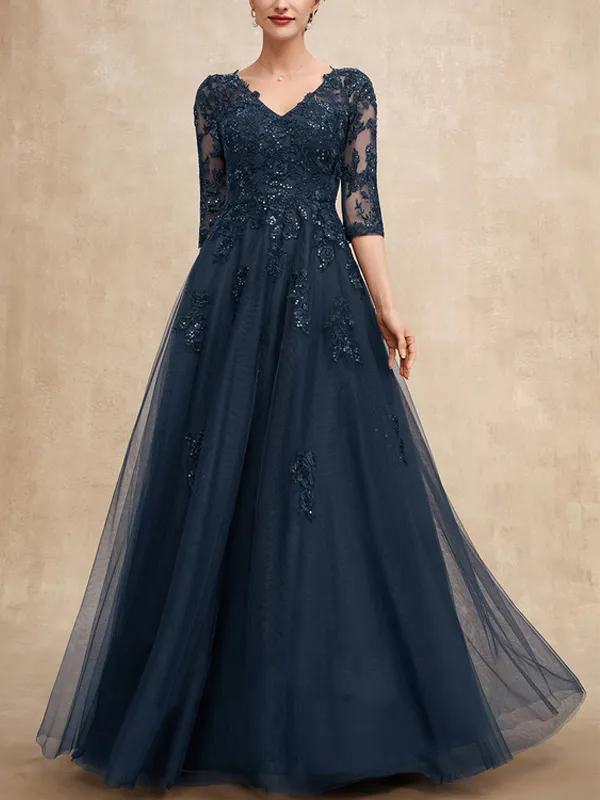 V-Neck Floor Length Tulle Lace Sequined Bridal Gown