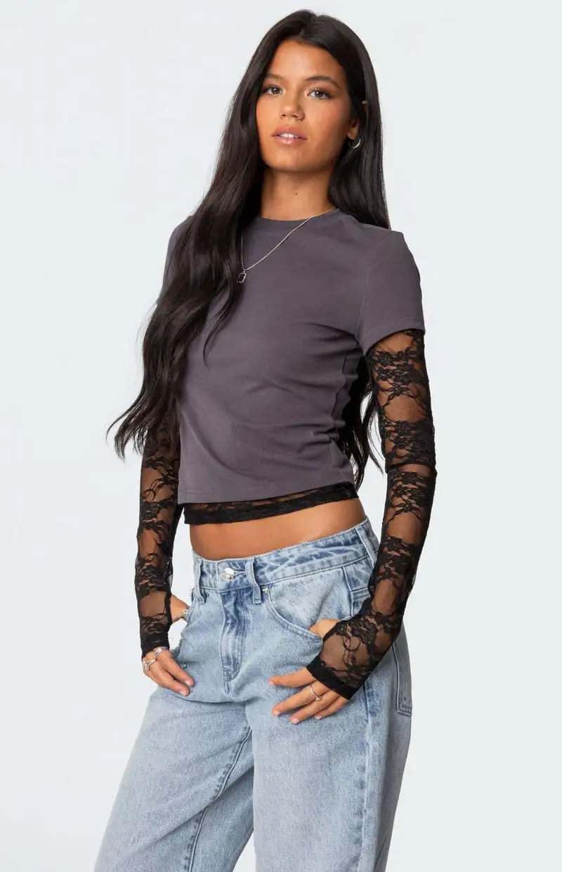 Edikted Layered Lace Sleeve T-Shirt