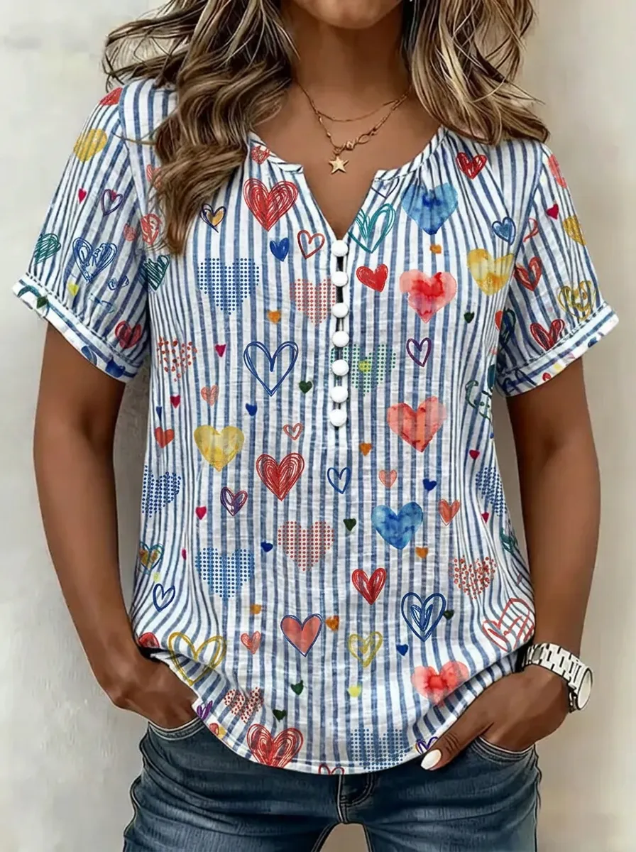 Women's Nashville Heart Lover Colorful Striped Printed V-neck Top