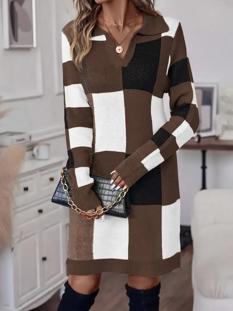 Plaid Pattern Notched Neck Sweater Dress, Elegant Long Sleeve Slim Dress For Fall & Winter, Women's Clothing