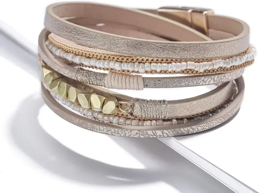 Fesciory Leather Wrap Bracelets for Women, Boho Leopard Multi-Layer Crystal Beads Cuff Bracelet Jewelry