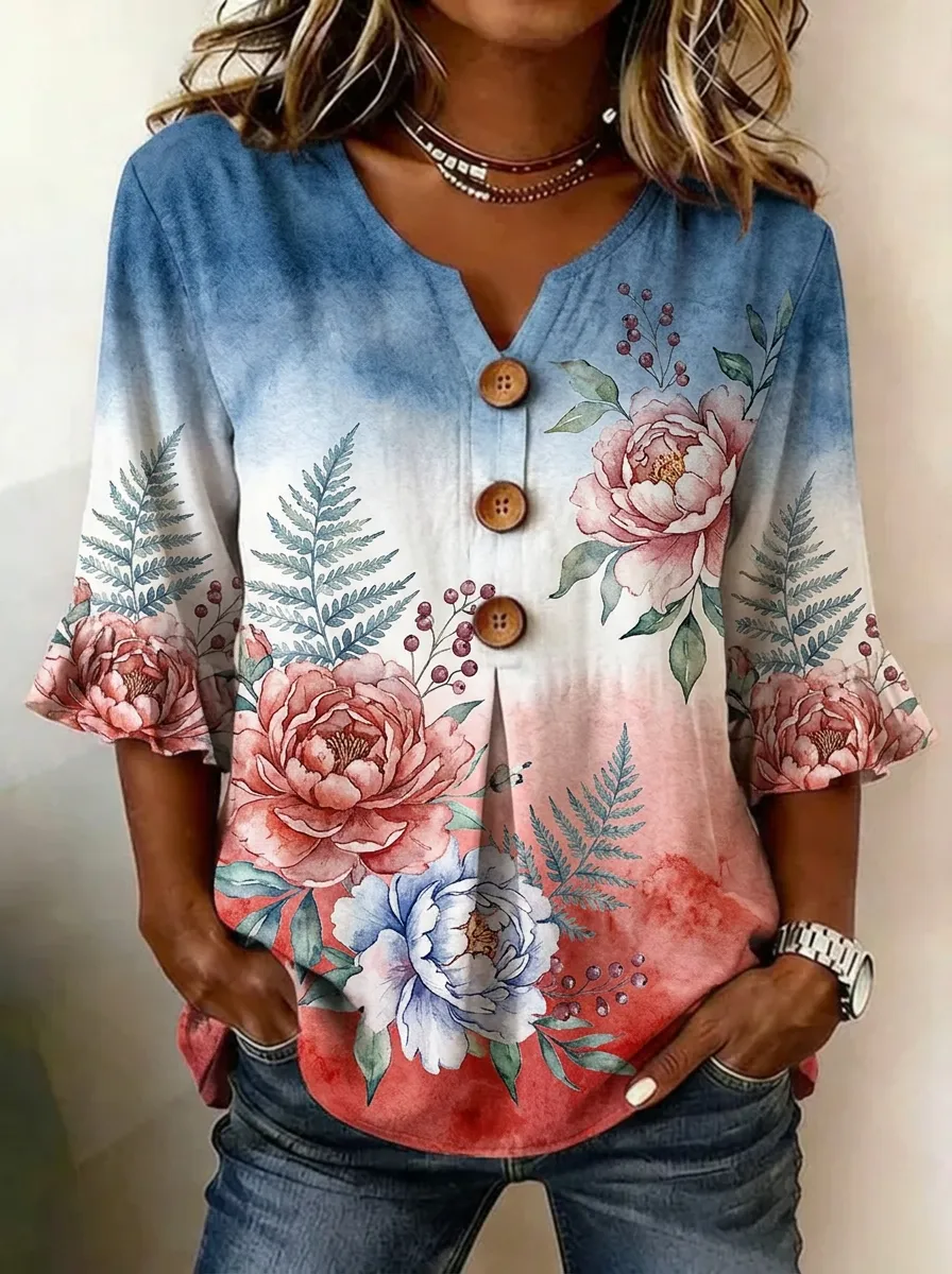 Women's Nashville Floral Fern Watercolor Printed Button V-Neck Top