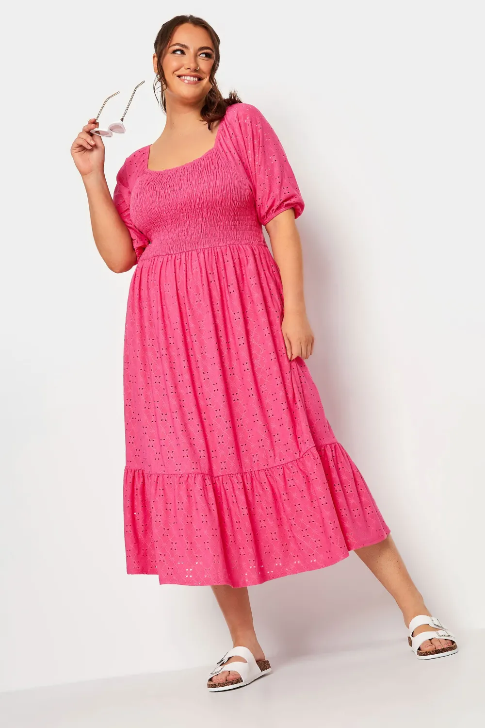 YOURS Curve Pink Shirred Broderie Anglaise Midaxi Dress