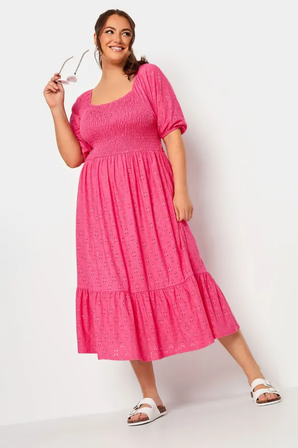 YOURS Curve Pink Shirred Broderie Anglaise Midaxi Dress