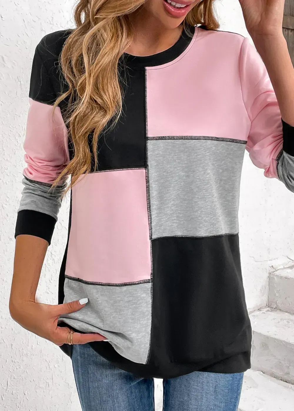 Light Pink Patchwork Long Sleeve Round Neck Sweatshirt