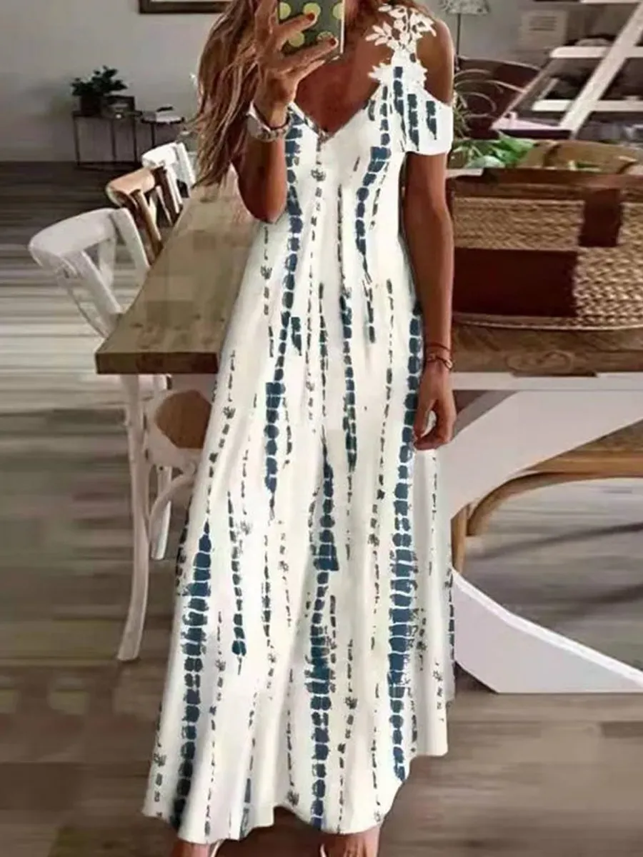 Casual Floral Print Panel V-Neck Short Sleeve Maxi Dress